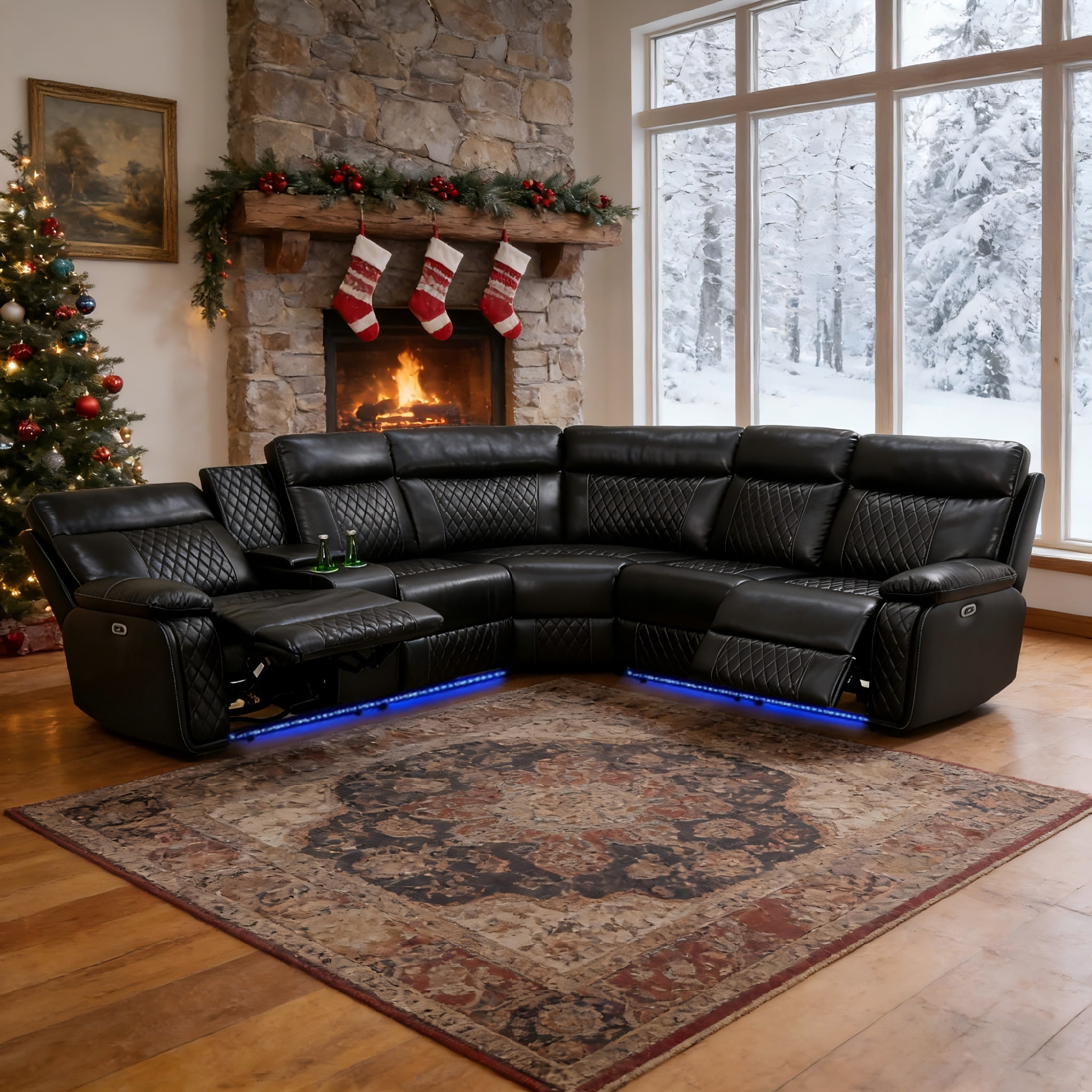 Gewnee Oversized Air Leather Power Reclining Sectional Sofa with Cup Holder - Living Room Home Office Theater Couch
