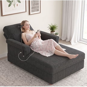 Gewnee Oversized Chaise Lounge Chair Indoor, Upholstered Sofa Bed with Phone Holder&USB Ports, Deep Seat Sofa Single Sleeper for Living Room (Gray)
