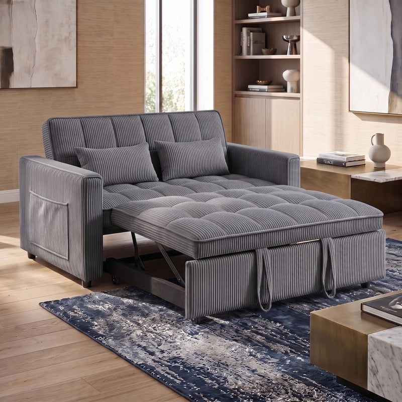Gewnee 54" Sofa Bed, Convertible Sleeper Sofa & Pull Out Couch with Adjustable Backrest and Storage Pocket, Gray(Corduroy)