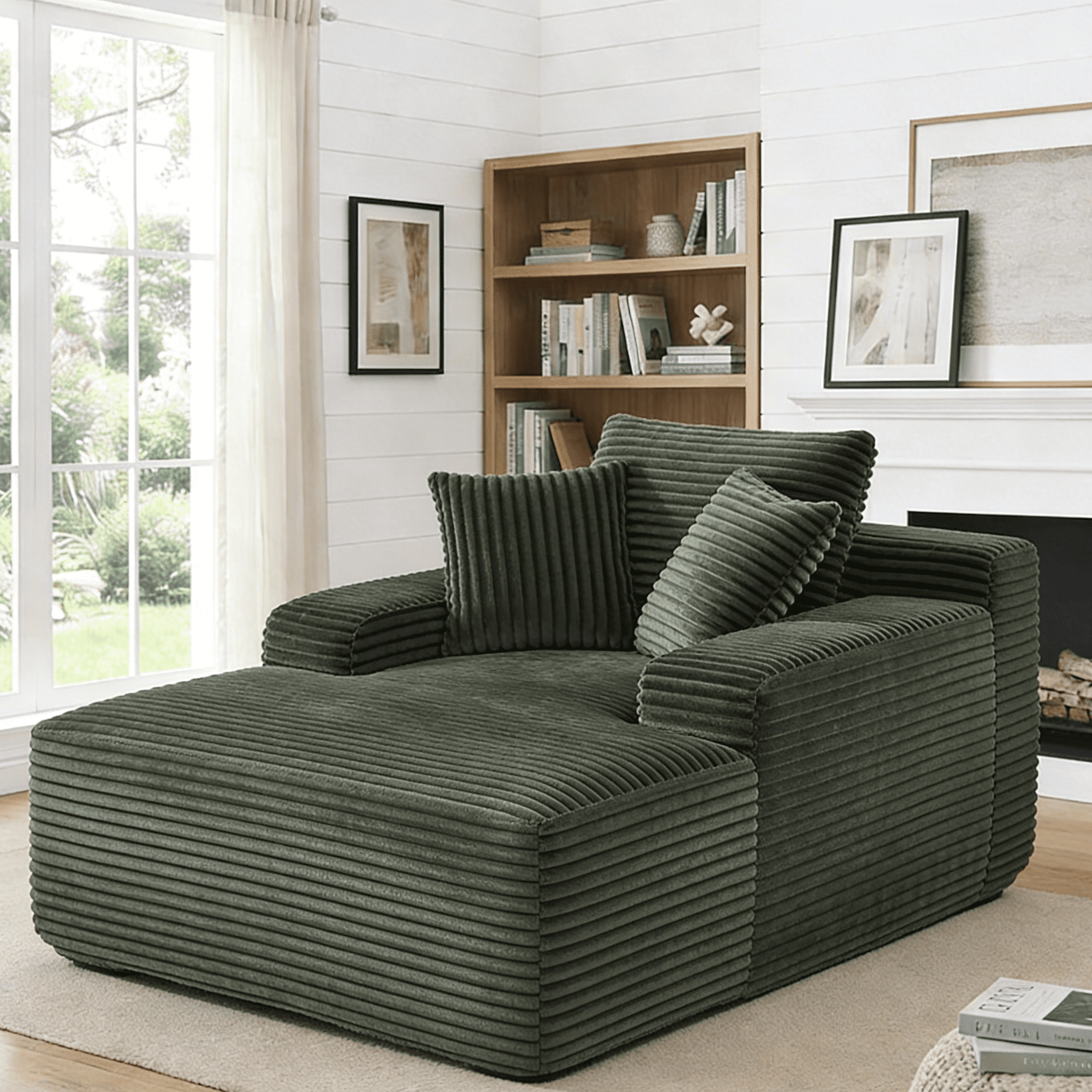 Gewnee Oversized Corduroy Sofa Bed, No Assembly Required, Sturdy & Durable, Equipped with 3 Soft Pillows, Ideal for Living Room，Green