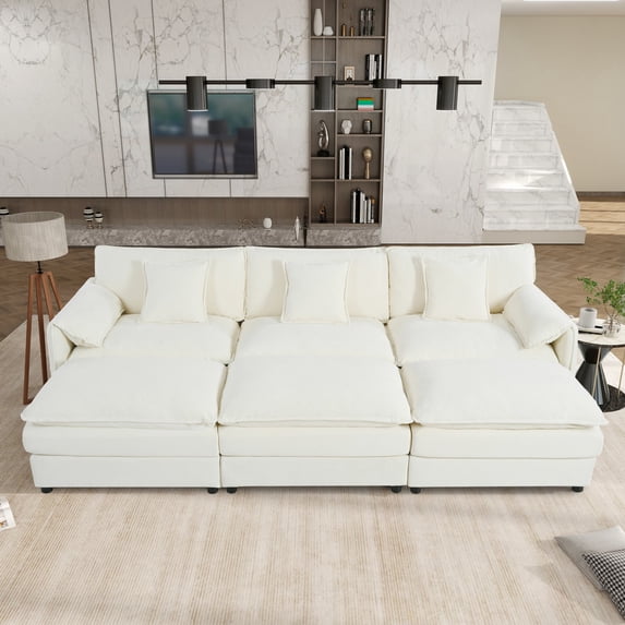 Gewnee Oversized Deep Seat DIY Combination Beige Chenille Sectional Cloud Sofa Sleeper with 3 Ottomans & Soft Pillows, Modular Couch Bed for Living Room