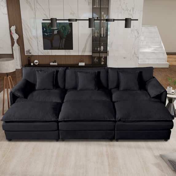 Gewnee Oversized Deep Seat DIY Combination Black Chenille Sectional Cloud Sofa Sleeper with 3 Ottomans & Soft Pillows, Modular Couch Bed for Living Room