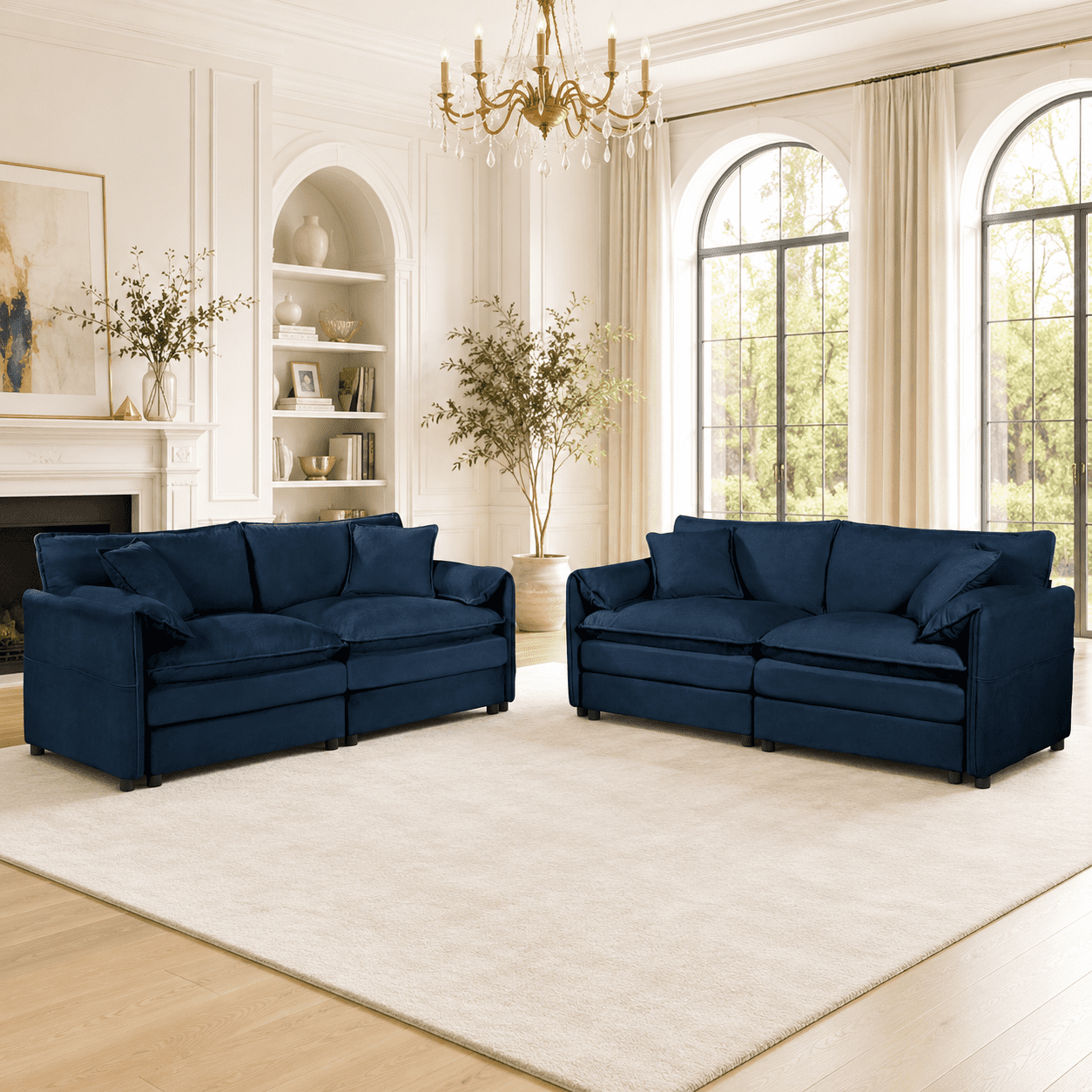 Gewnee Oversized Deep Seat Luxury 2 Piece Sofa Set, 2 Pieces of Loveseat Sofa, Modern DIY Combination Blue Chenille Comfy Cloud Couches Set for Living Room