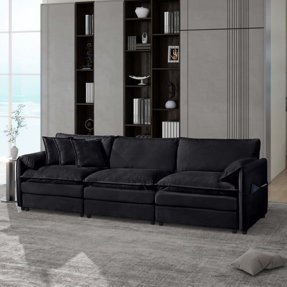 Gewnee Oversized Deep Seat Sectional Sofa, DIY Combination Modern Black Chenille Cloud Couch, Large 3 Seater Modular Sofa with 3 Pillows for Living Room