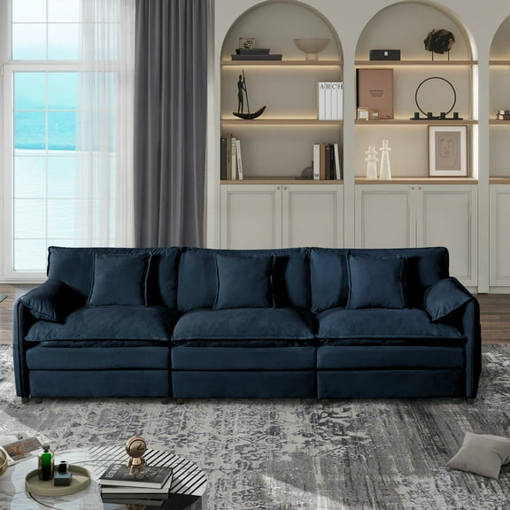 Gewnee Oversized Deep Seat Sectional Sofa, DIY Combination Modern Blue Chenille Cloud Couch, Large 3 Seater Modular Sofa with 3 Pillows for Living Room