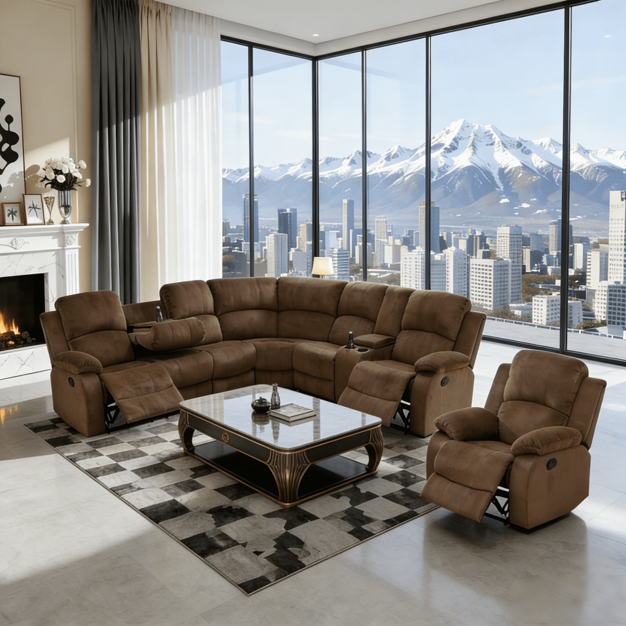 Gewnee Oversized Flannel Fabric Manual Reclining Sectional Sofa with 1-Seat Sofa,Cup Holders for Living Room