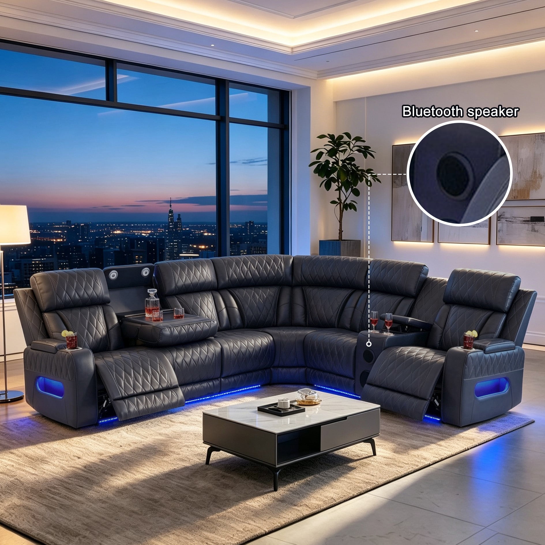 Gewnee Oversized Reclining Corner Sectional Couch, Power Recliner, Air Leather, Bluetooth Speakers, Wireless Charging, USB & Type‑C Charging, Cup Holders, Living Room Home Theater, Blackish Gray