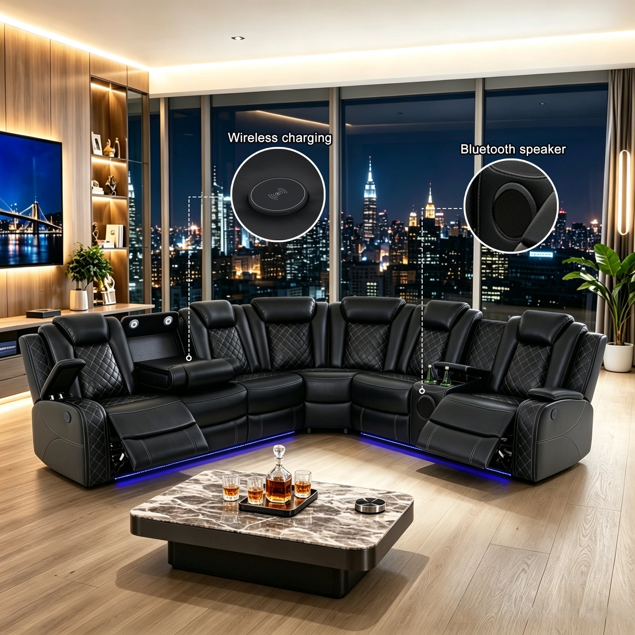 Gewnee Oversized Reclining Corner Sectional Couch, Power Reclining with Hidden‑Storage Armrest, Air Leather, Bluetooth Speakers, Wireless & USB Charging, Cup Holders, for Living Room, Black