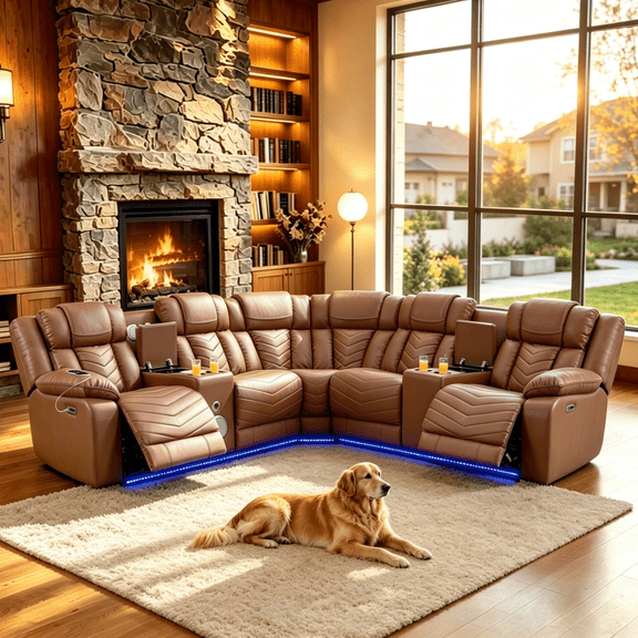 Gewnee Oversized Reclining Corner Sectional Sofa with LED Lights & Center Console, 5-Seater PU Leather Couch Built-in Bluetooth Speakers, Wireless Charging, USB & Type-C Ports for Living Room，Brown