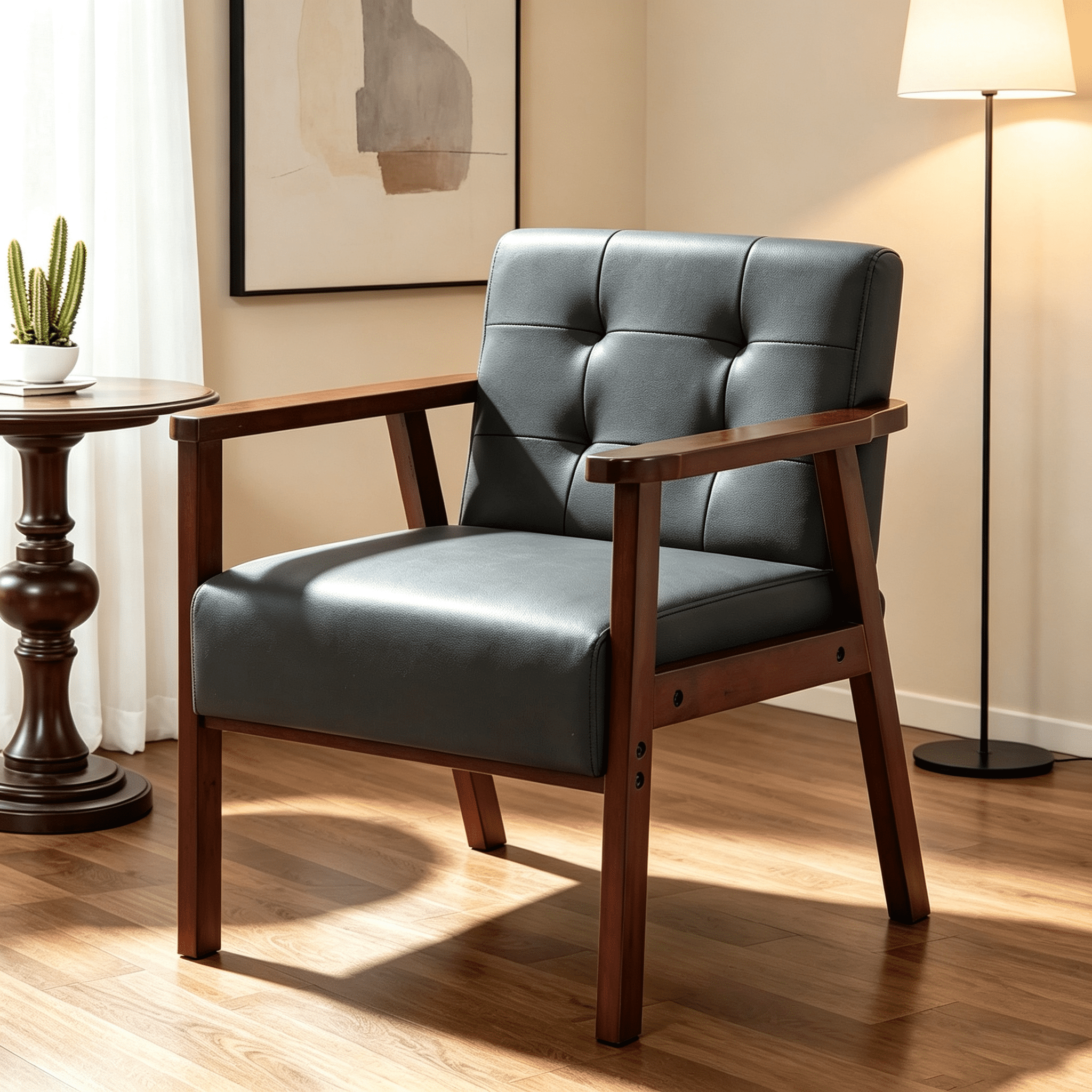 Gewnee PU Accent Chair with Solid Wood Frame,Modern Upholstered Armchair,Single Sofa for Living Room,Apartment,Office.Black