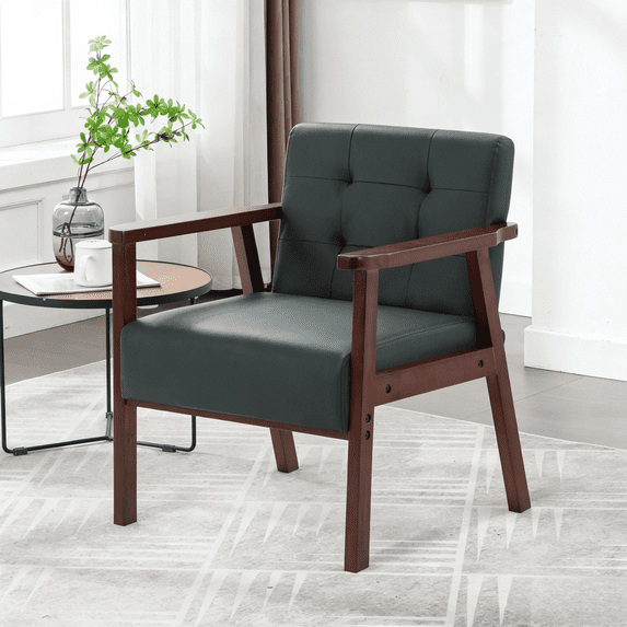 Gewnee PU Accent Chair with Cedar Legs, High-Density Seat, for Living Room Bedroom,Black