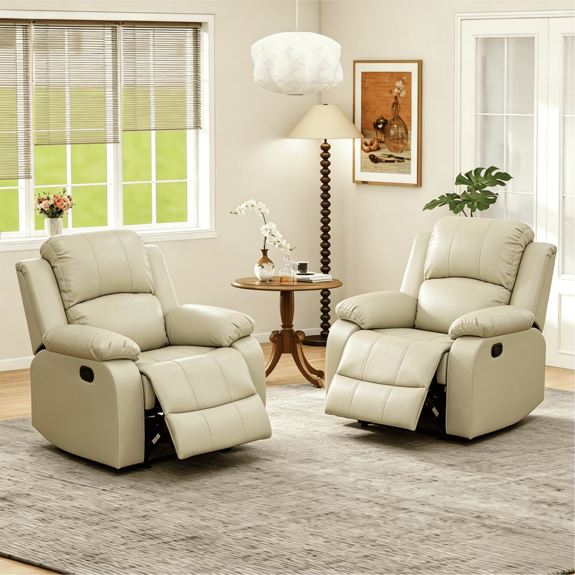 Gewnee PU Manual Recliner Chair Set of 2,Single Sofa Recliners,Adjustable Backrest,Comfort Lazy Chair for Living Room,Bedroom.Beige