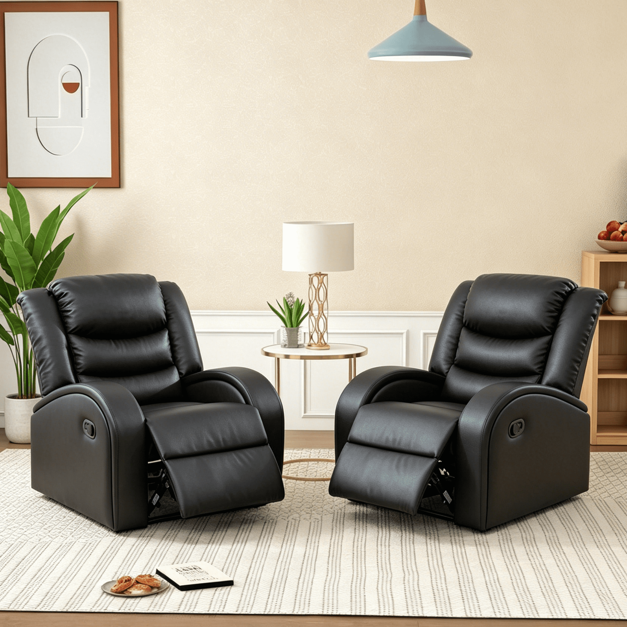 Gewnee PU Manual Recliner Chair Set of 2,Single Sofa Recliners,Adjustable Backrest,Comfort Lazy Chair for Living Room,Bedroom.Black