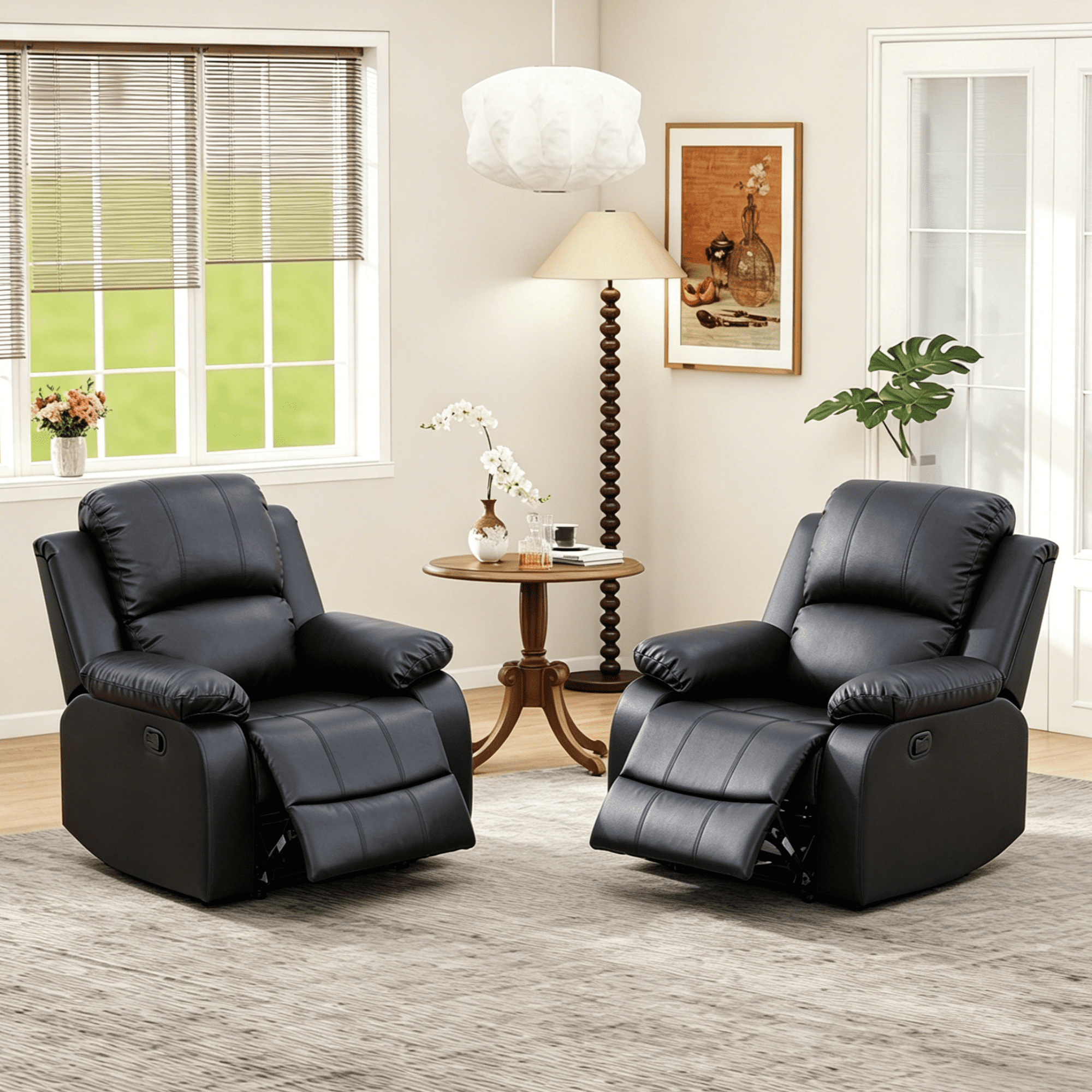 Gewnee PU Manual Recliner Chair Set of 2,Single Sofa Recliners,Adjustable Backrest,Comfort Lazy Chair for Living Room,Bedroom.Black
