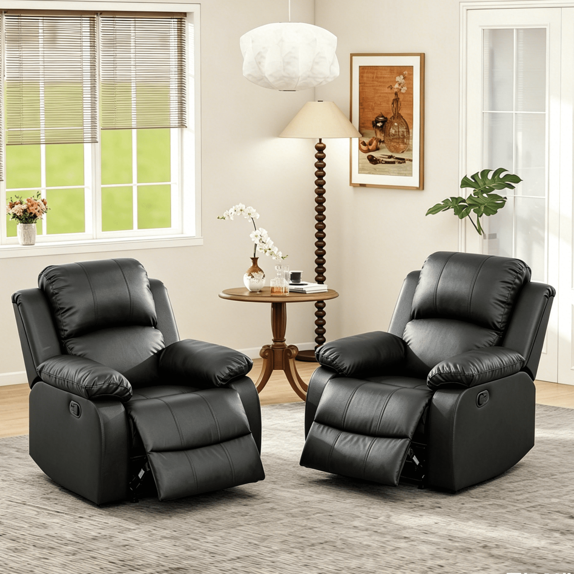 Gewnee PU Manual Recliner Chair Set of 2,Single Sofa Recliners,Adjustable Backrest,Comfort Lazy Chair for Living Room,Bedroom.Black