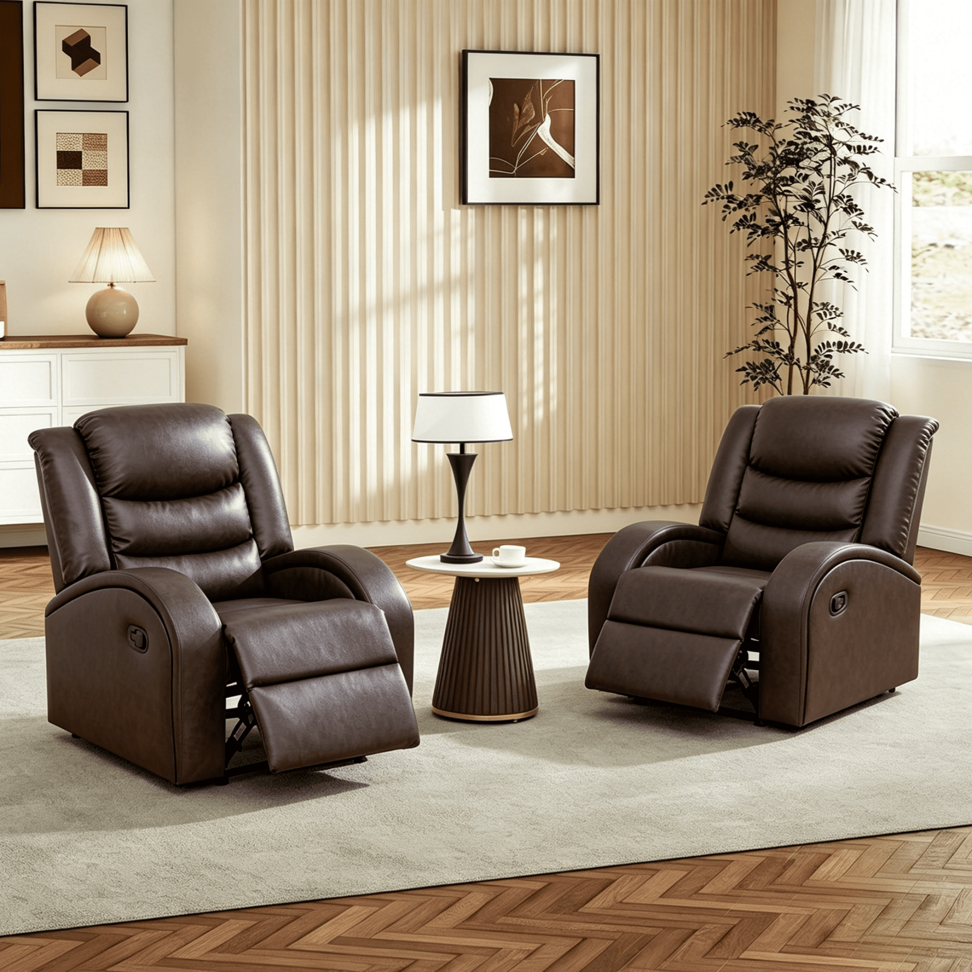 Gewnee PU Manual Recliner Chair Set of 2,Single Sofa Recliners,Adjustable Backrest,Comfort Lazy Chair for Living Room,Bedroom.Brown