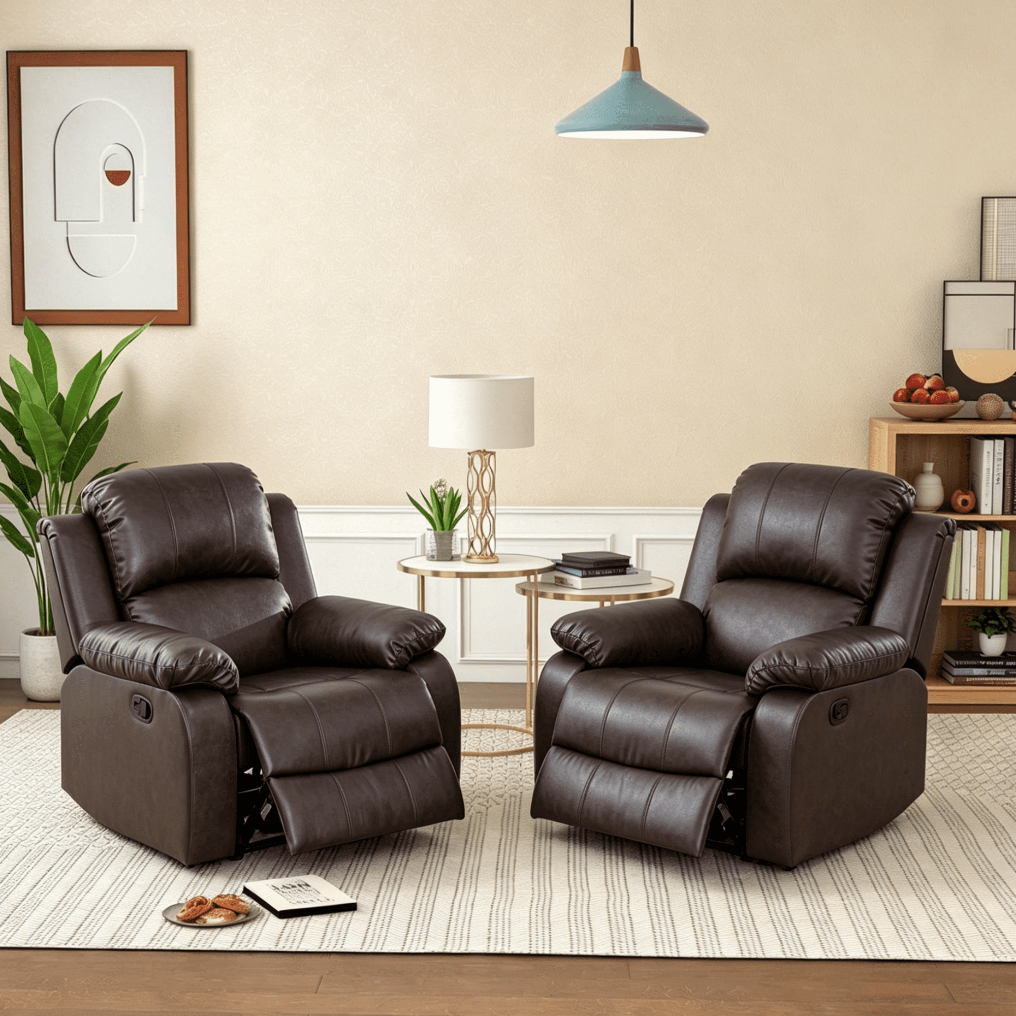 Gewnee PU Manual Recliner Chair Set of 2,Single Sofa Recliners,Adjustable Backrest,Comfort Lazy Chair for Living Room,Bedroom.Brown