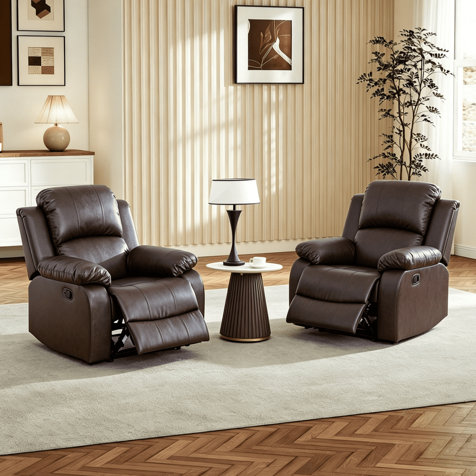 Gewnee PU Manual Recliner Chair Set of 2,Single Sofa Recliners,Adjustable Backrest,Comfort Lazy Chair for Living Room,Bedroom.Brown