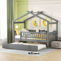Gewnee Pine Wood Twin Size House Bed with Trundle and Roof for Kids,Gray