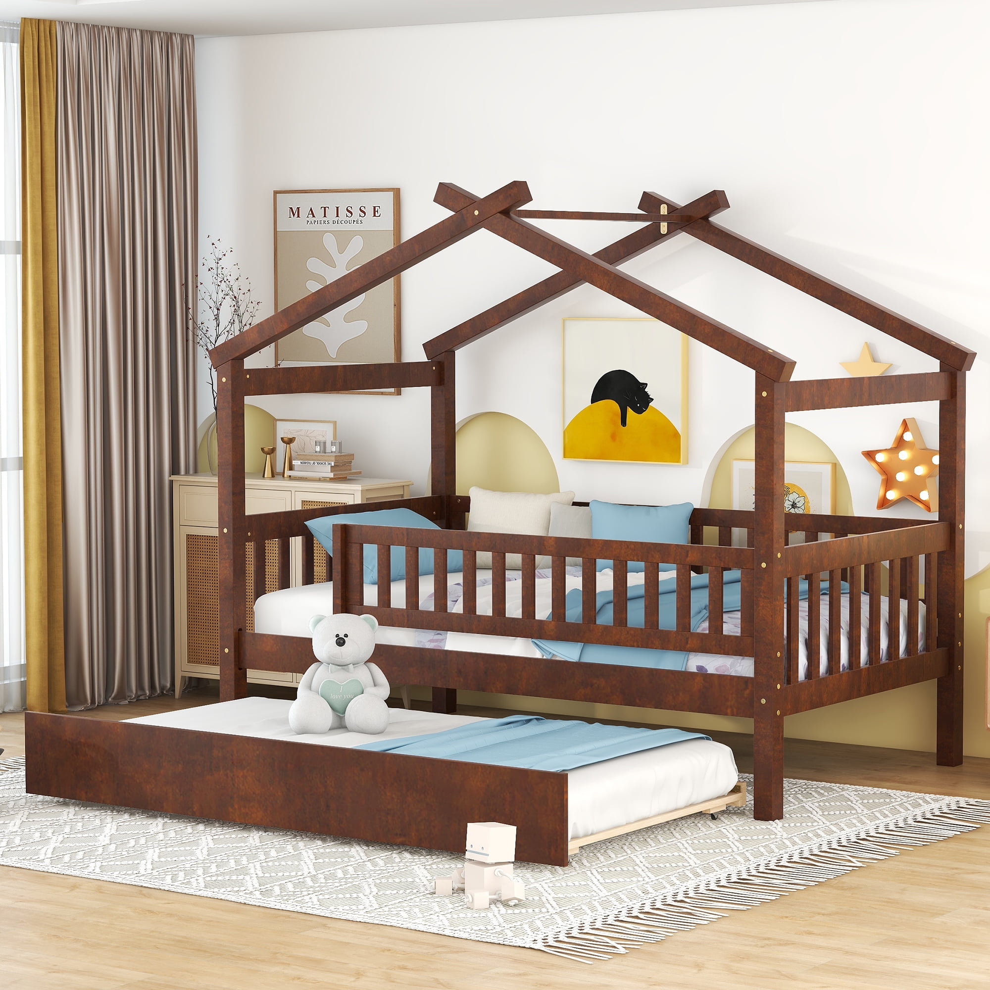 Gewnee Pine Wood Twin Size House Bed with Trundle and Roof for Kids,Walnut