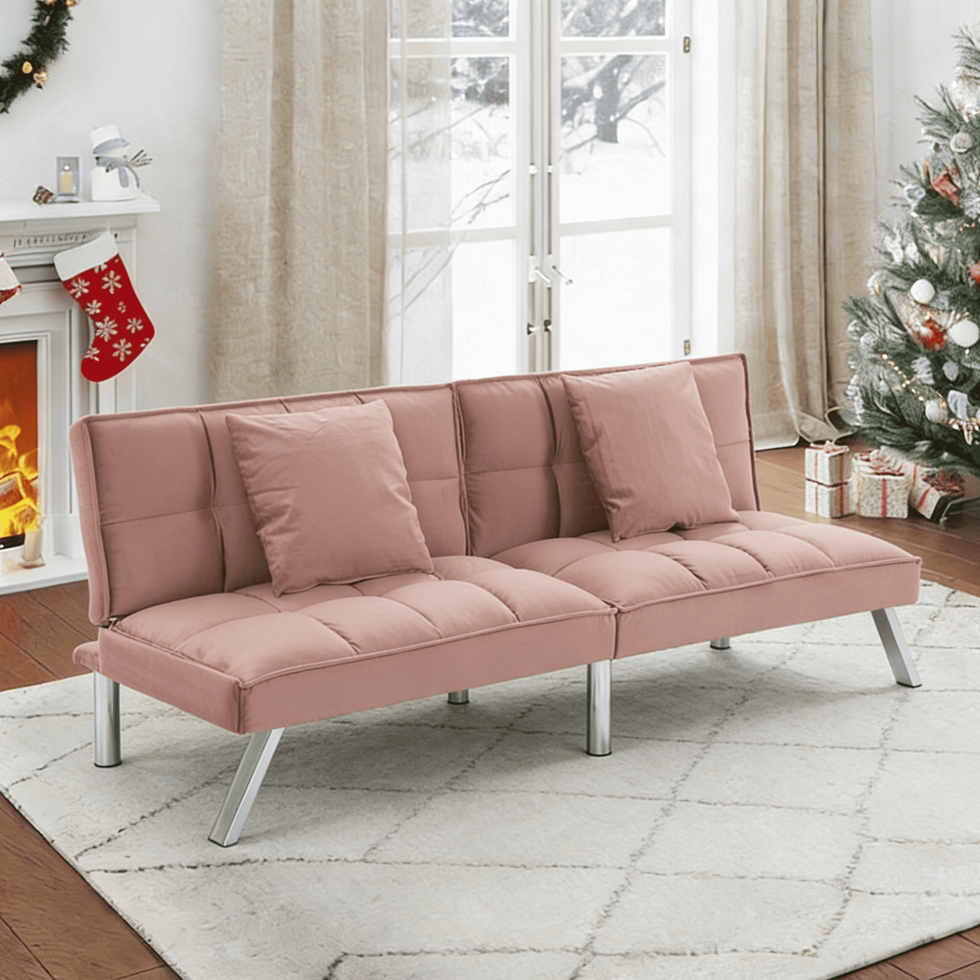 Gewnee Pink 67.7” Twin Convertible Sleeper Sofa, Velvet Tufted Split-Back with 2 Toss Pillows for Home Office