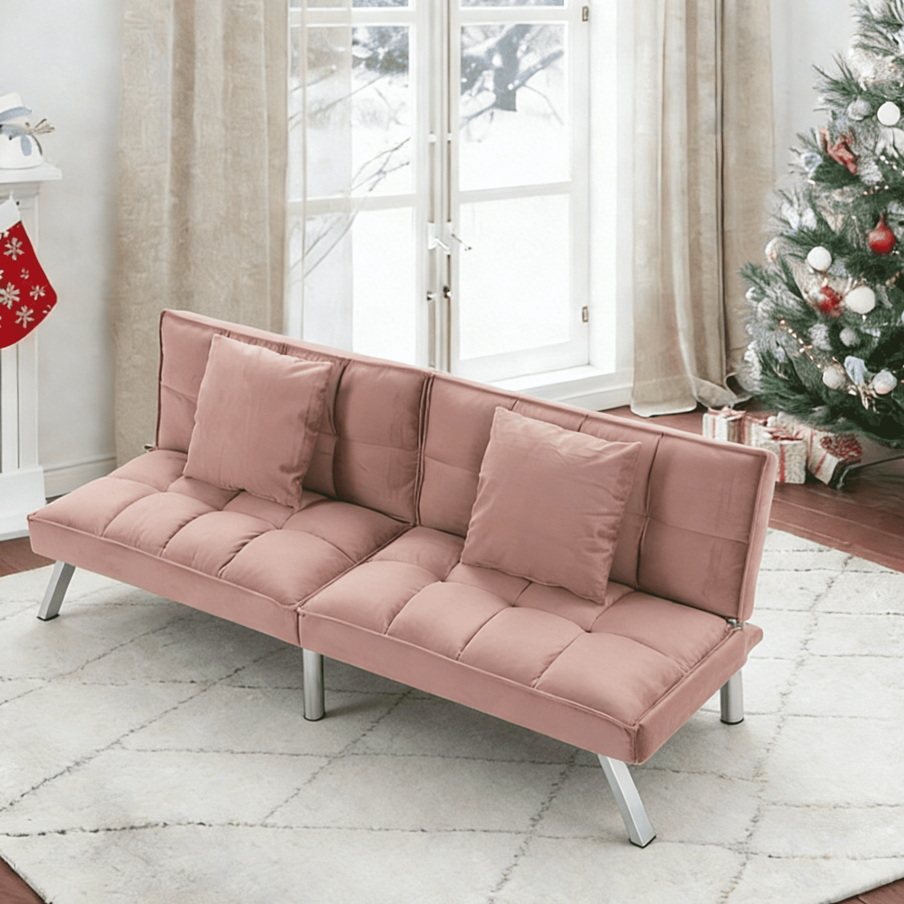 Gewnee Pink 73” Convertible Velvet Tufted Futon Sofa Bed, Sleeper with Metal Legs for Home & Office