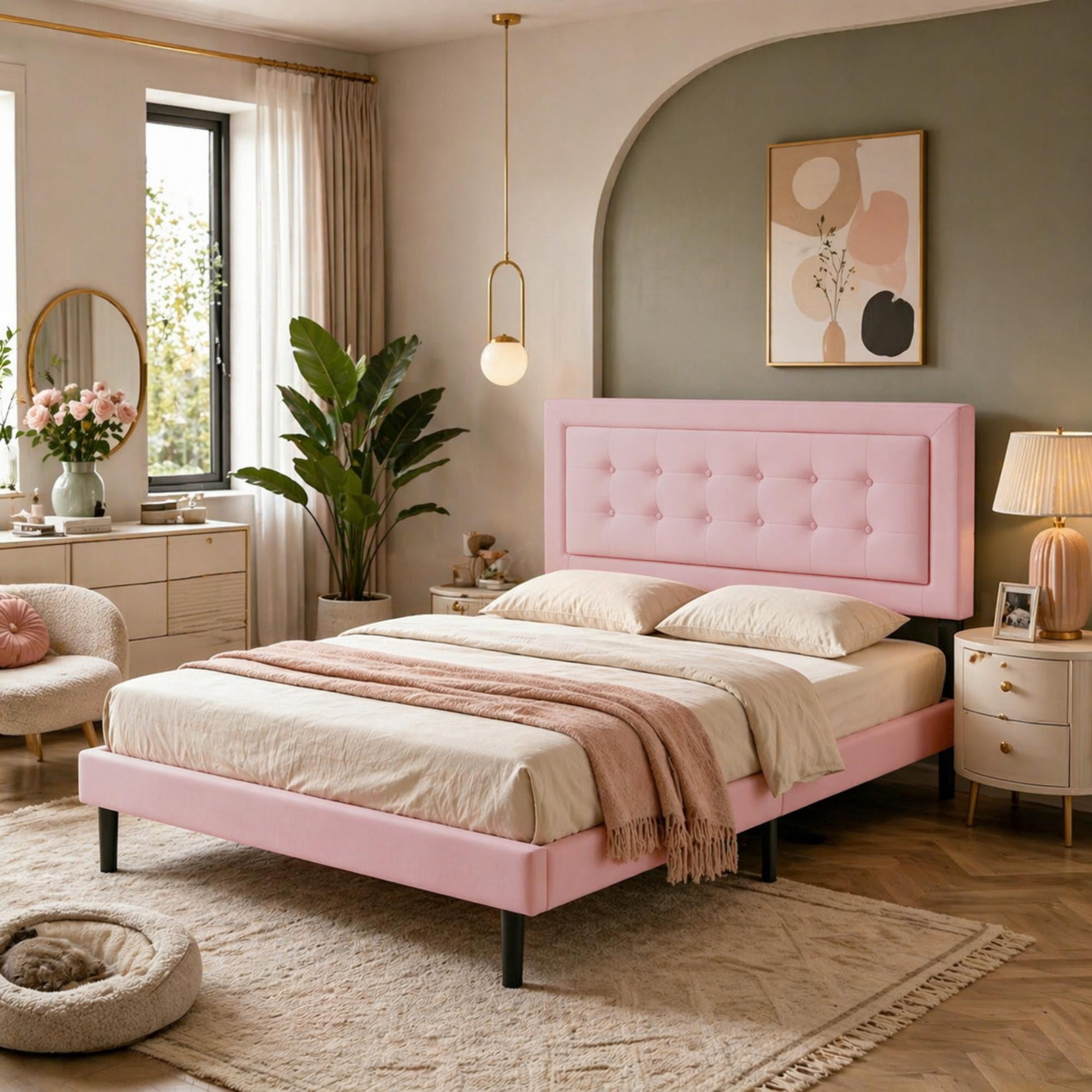 Gewnee Queen Size Platform Bed Frame with Upholstered Tufted Headboard,Wood Slats Support,Easy Assembly,No Box Spring Needed,Pink