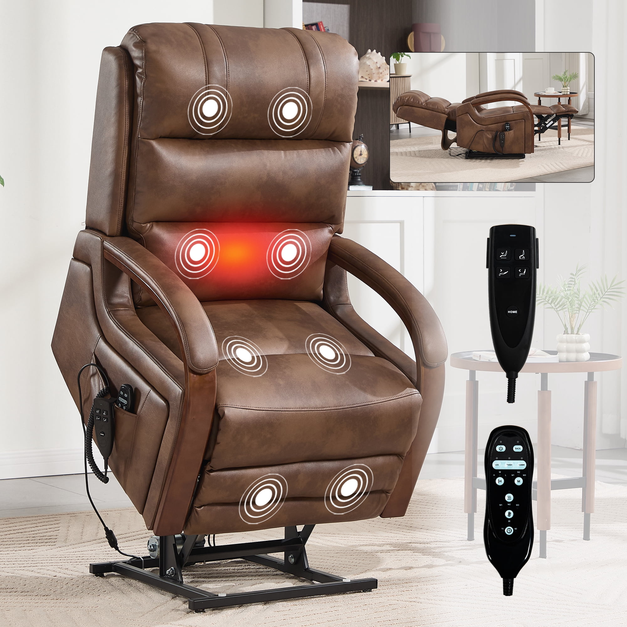 Gewnee Power Lift Recliner Chair with Heat and Massage,Lay Flat Assist Recliner with Side Pocket & Solid Wood Armrest,Lift Chair for Living Room.Brown PU