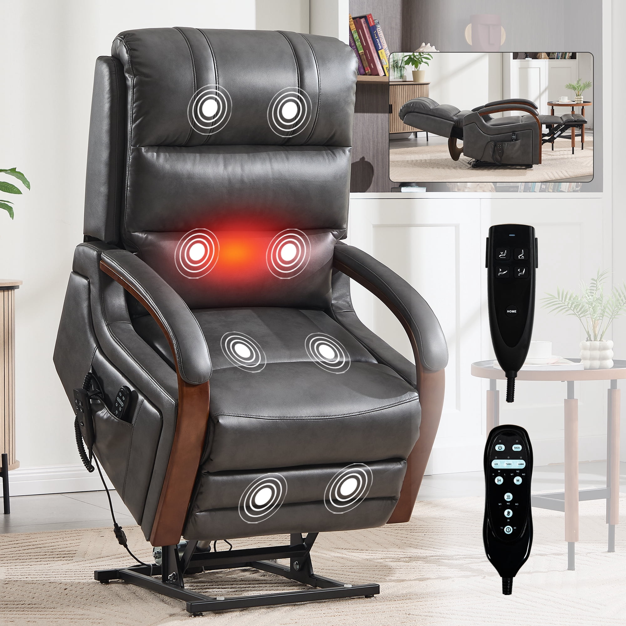 Gewnee Power Lift Recliner Chair with Heat and Massage,Lay Flat Assist Recliner with Side Pocket & Solid Wood Armrest,Lift Chair for Living Room.Grey PU