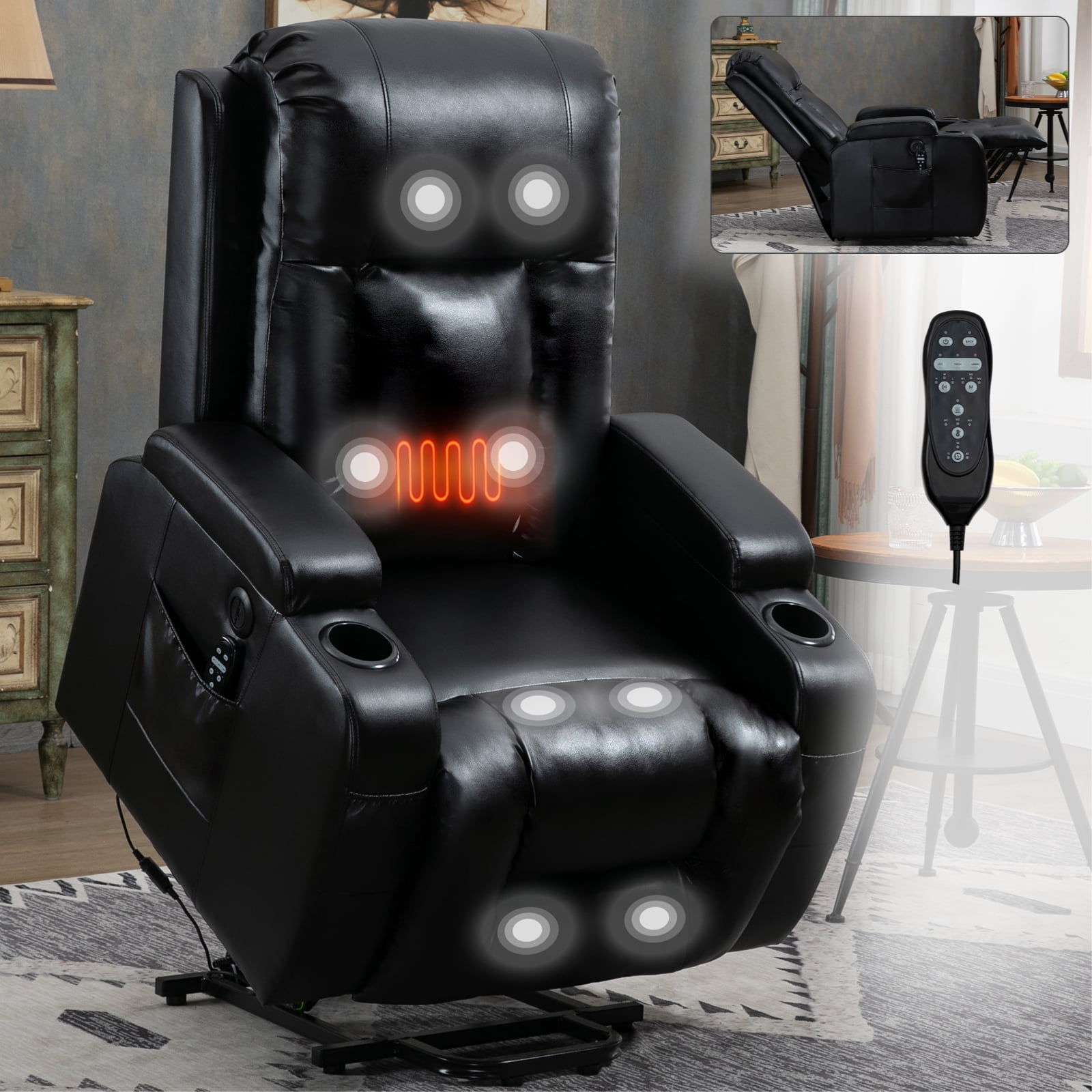 Gewnee Power Lift Recliner Chair,Lift Chair with Heat and Massage,Adjustable PU Leather Recliner with USB,Cup Holders & Side Pockets for Living Room or Bedroom.Black