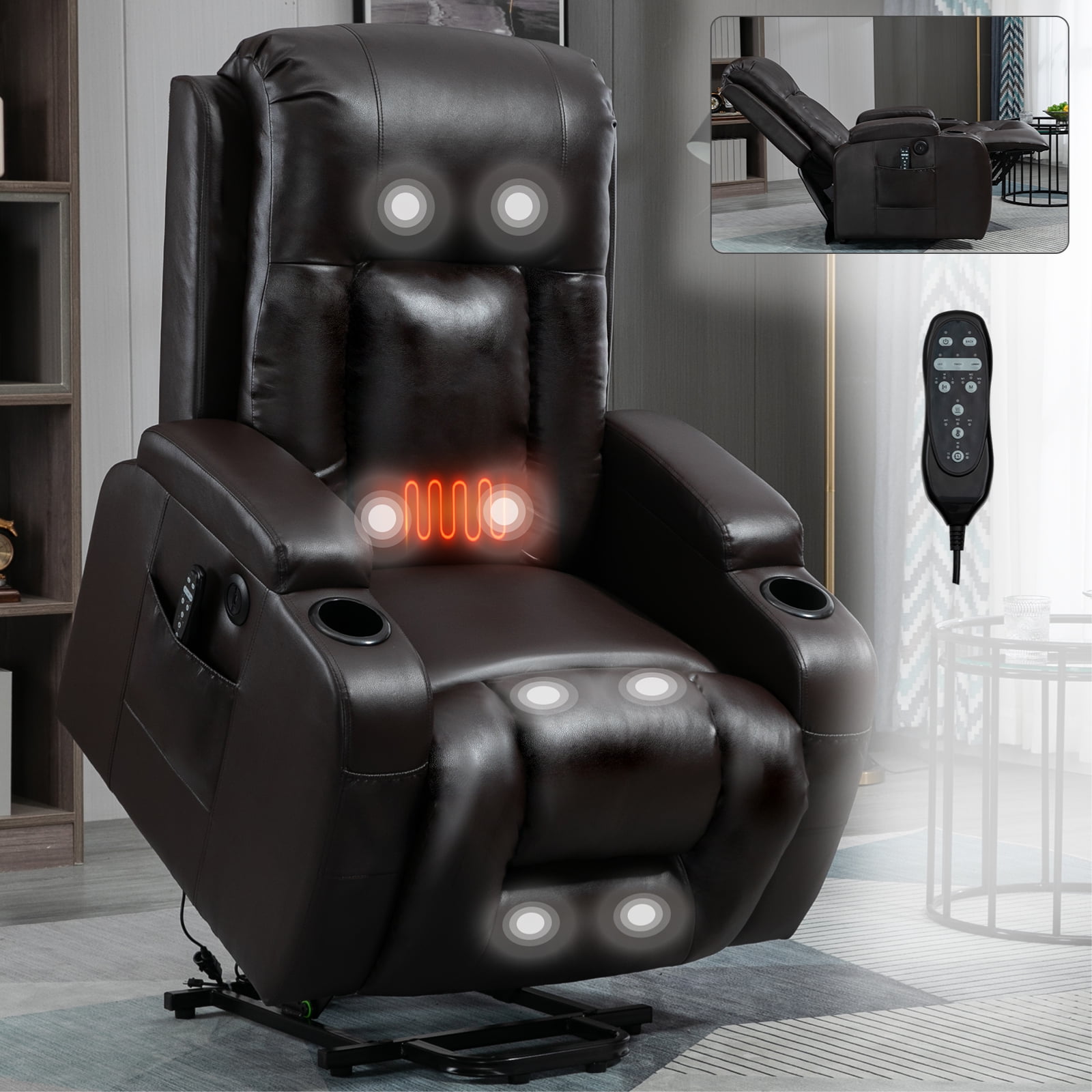 Gewnee Power Lift Recliner Chair,Lift Chair with Heat and Massage,Adjustable PU Leather Recliner with USB,Cup Holders & Side Pockets for Living Room or Bedroom.Brown