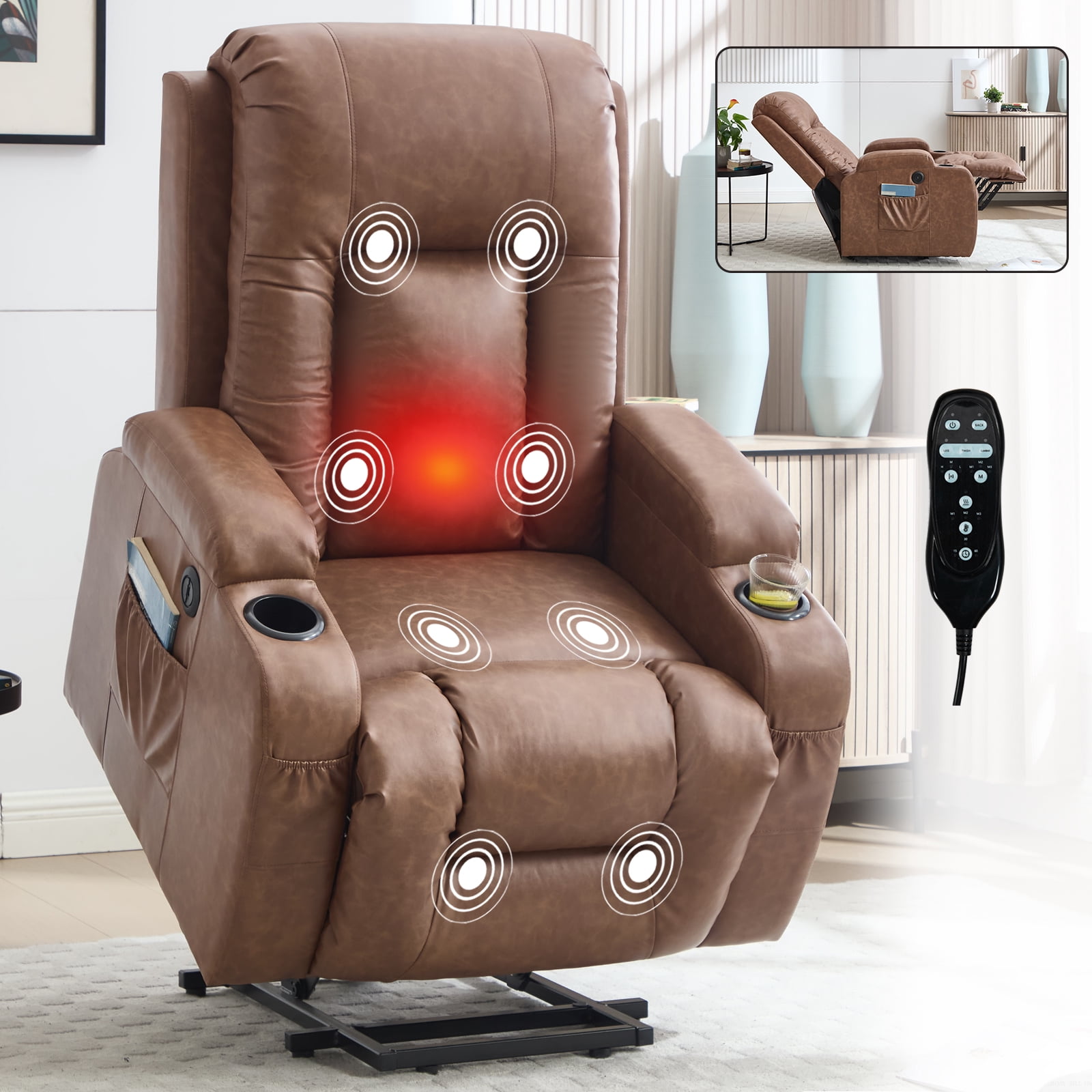 Gewnee Power Lift Recliner Chair,Lift Chair with Heat and Massage,Adjustable PU Leather Recliner with USB,Cup Holders & Side Pockets for Living Room or Bedroom.Brown