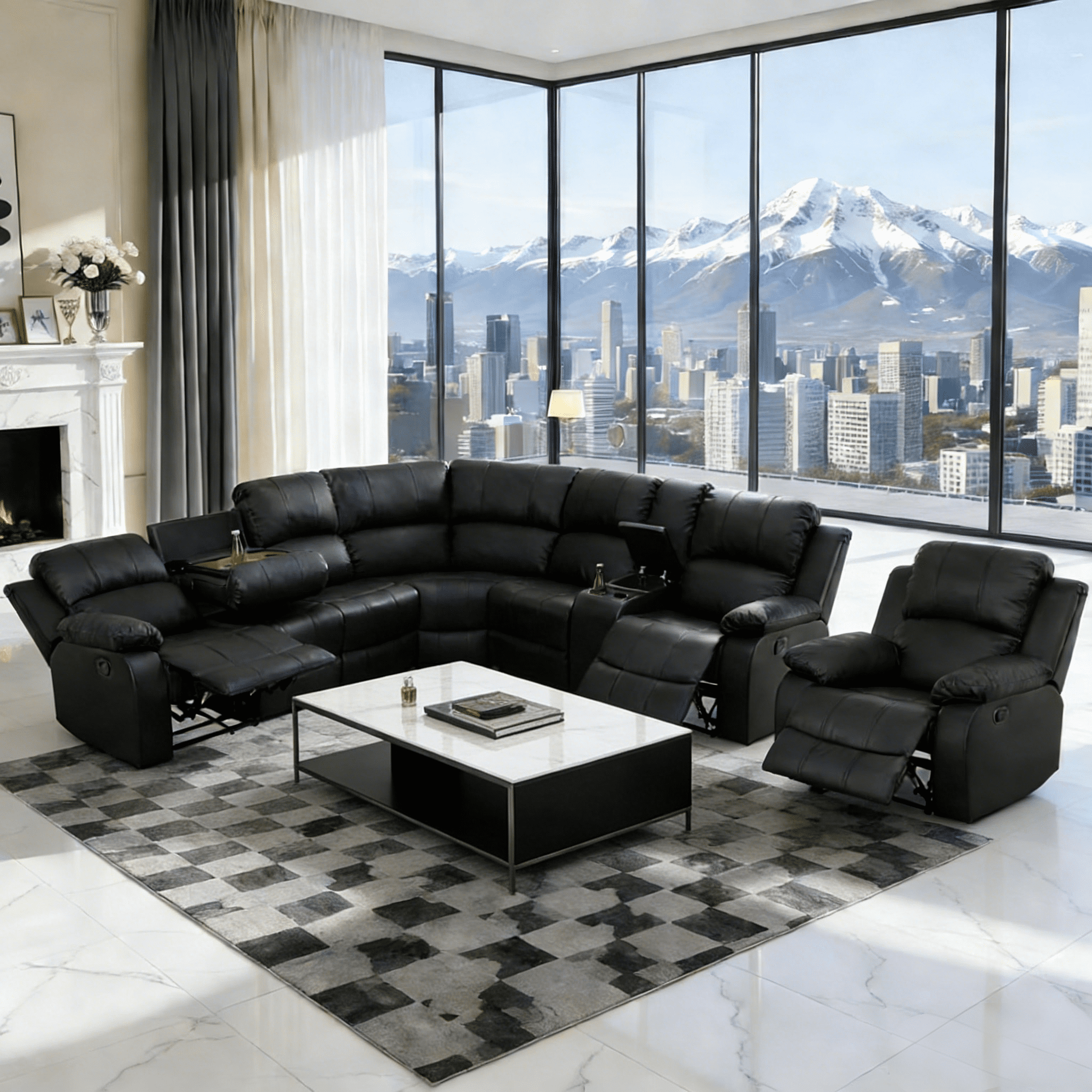 Gewnee Manual Recliner Air Leather Corner Sofa & 1-Seat Sofa Set, Black Oversize Reclining Couch with Cup Holder Storage for Living Room