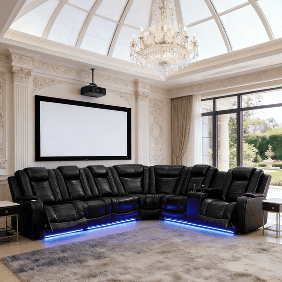 Runmliy Power Recliner Air Leather Sectional Sofa with LED Light,Cup Holder, Storage Console for for Living Room,Home Theater Seating