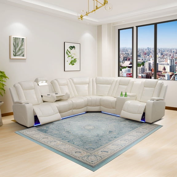 Runmliy Power Recliner Air Leather Sectional Sofa with LED Light,Cup Holder, Storage Console for for Living Room,Home Theater Seating