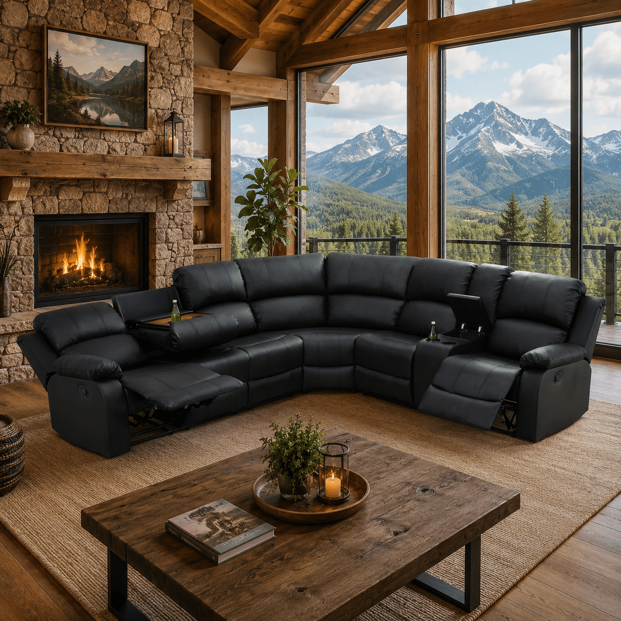 Gewnee Manual Recliner Air Leather Sectional Sofa Set, Black Oversize Reclining Couch with Cup Holder Storage for Living Room