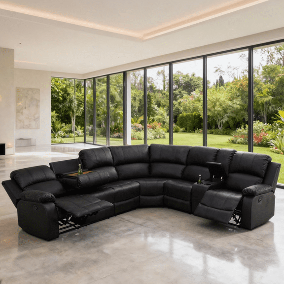 Gewnee Manual Recliner Air Leather Sectional Sofa Set, Black Oversize Reclining Couch with Cup Holder Storage for Living Room