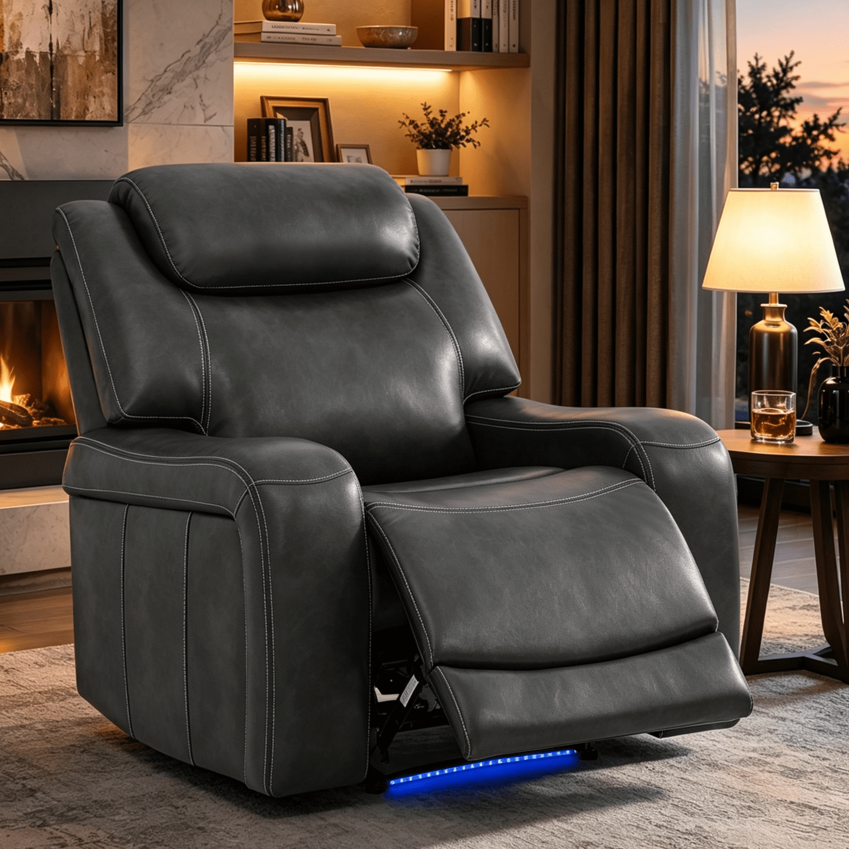 Gewnee Power Recliner Chair, Adjustable Reclining Lounge Chair with USB Ports, LED Lights, Air Leather Upholstered Single Sofa Recliner for Living Room, Office, Black