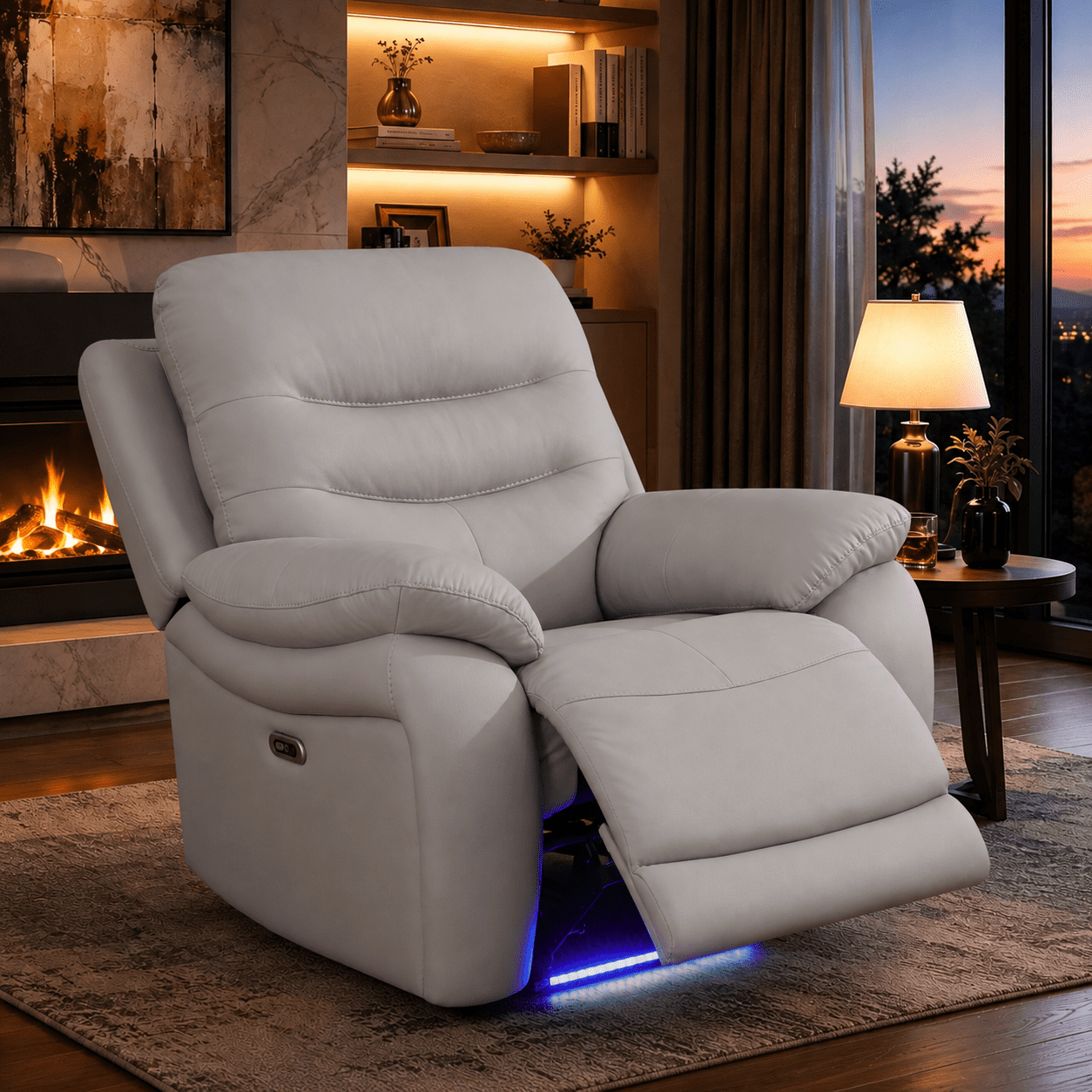 Gewnee Power Recliner Chair, Adjustable Reclining Lounge Chair with USB Ports, LED Lights, Air Leather Upholstered Single Sofa Recliner for Living Room, Office, Light Gray