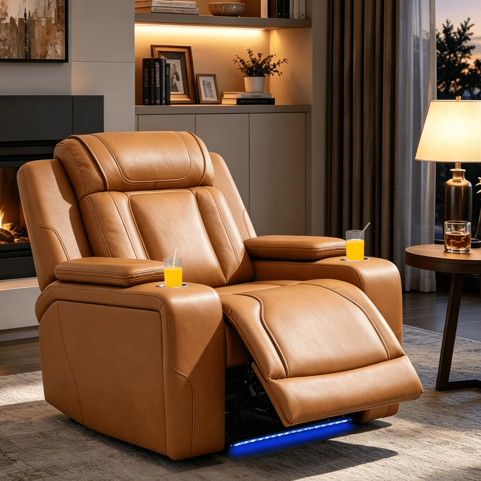 Gewnee Power Recliner Chair, Adjustable Reclining Lounge Chair with USB Ports, LED Lights & Cup Holders, Air Leather Upholstered Single Sofa Recliner for Living Room, Office, Orange Yellow