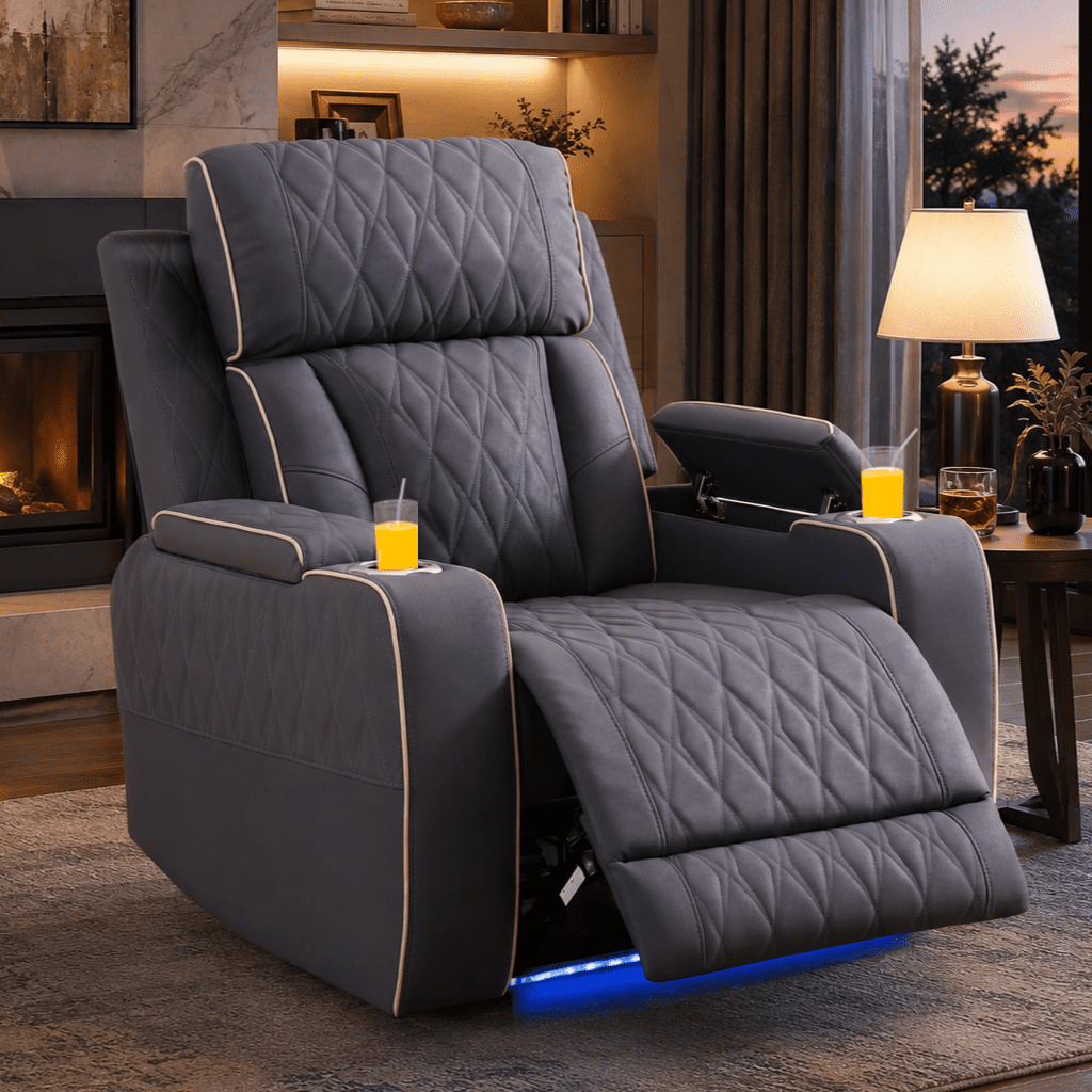 Gewnee Power Recliner Chair, Adjustable Reclining Lounge Chair with USB Ports, LED Lights & Cup Holders, Air Leather Upholstered Single Sofa Recliner for Living Room, Office, Bluish‑Grey