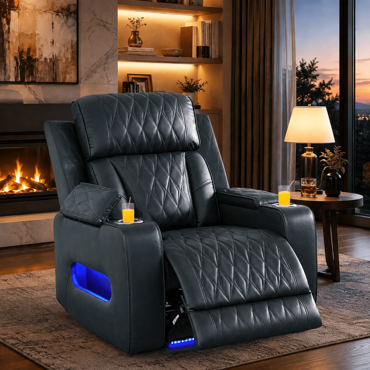 Gewnee Power Recliner Chair, Adjustable Reclining Lounge Chair with USB Ports, LED Lights & Cup Holders, Air Leather Upholstered Single Sofa Recliner for Living Room, Office, Blackish Gray