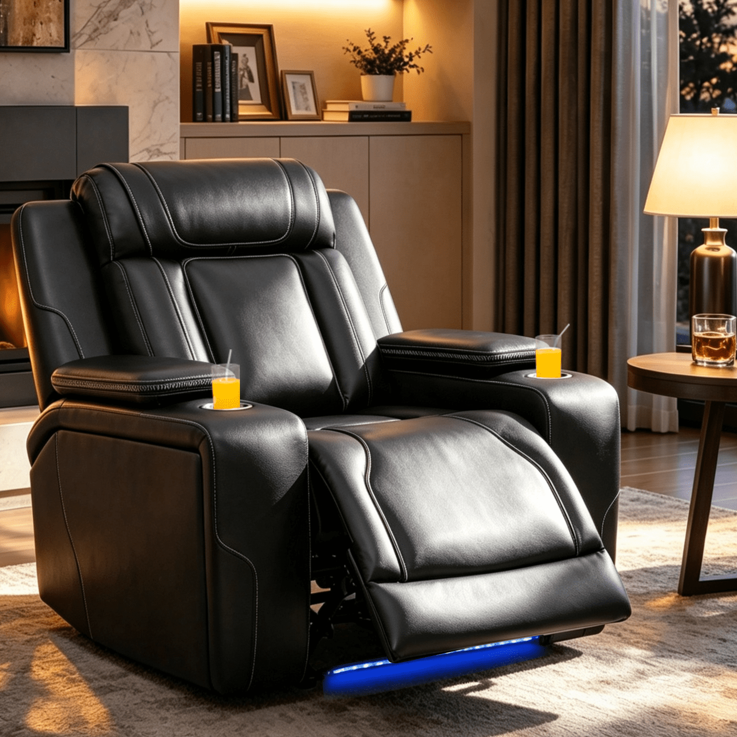 Gewnee Power Recliner Chair, Adjustable Reclining Lounge Chair with USB Ports, LED Lights & Cup Holders, Air Leather Upholstered Single Sofa Recliner for Living Room, Office, Black
