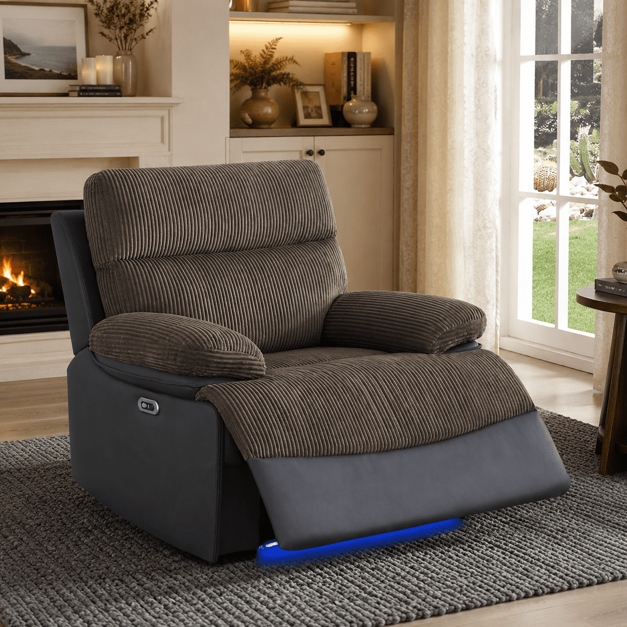 Gewnee Power Recliner Chair, Adjustable Reclining Lounge Chair with USB Ports, LED Lights, Flocking Upholstered Single Sofa Recliner for Living Room, Office, Brown&Blackish Gray