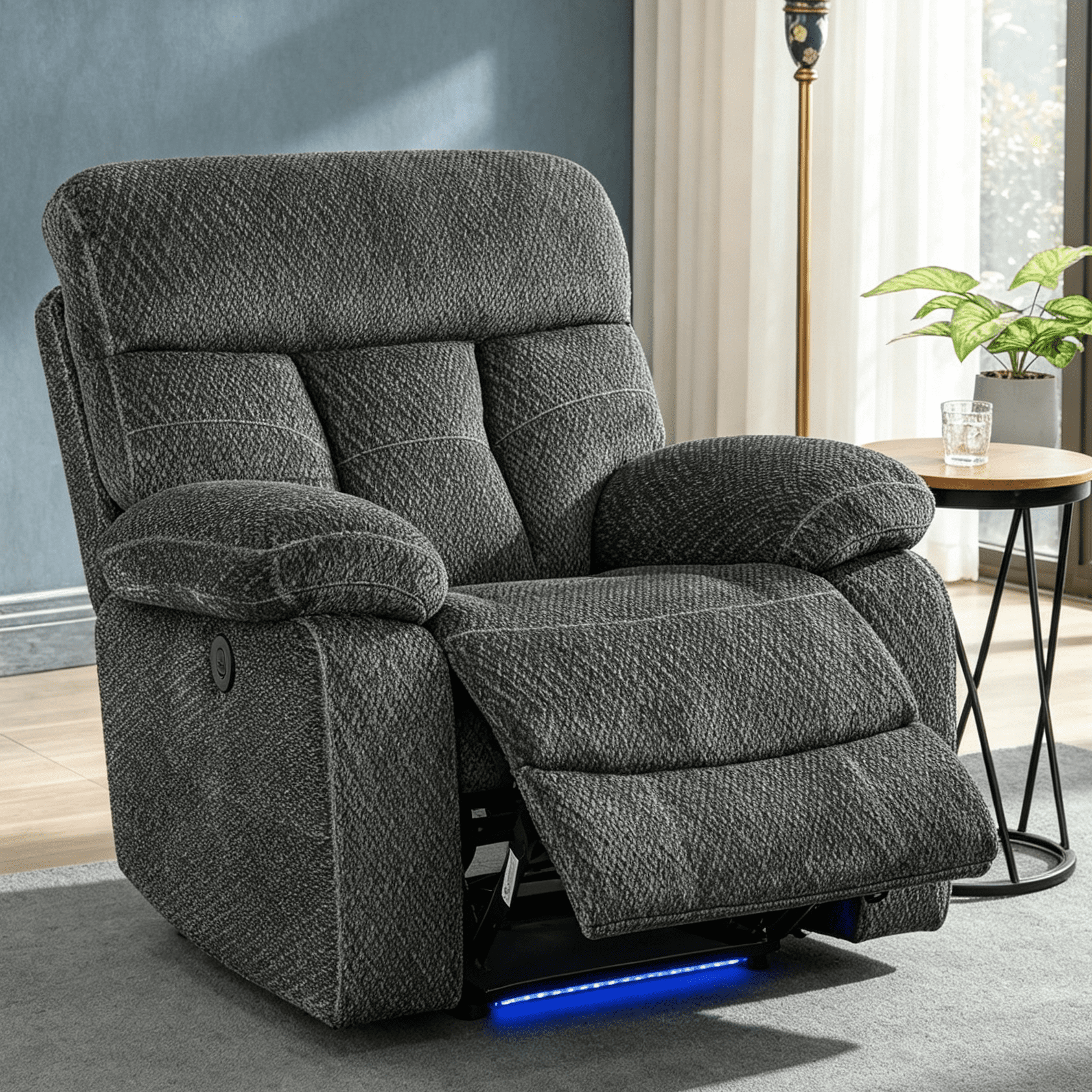 Gewnee Power Recliner Chair, Adjustable Reclining Lounge Chair with USB Ports, LED Lights, Flocking Upholstered Single Sofa Recliner for Living Room, Office, Grey