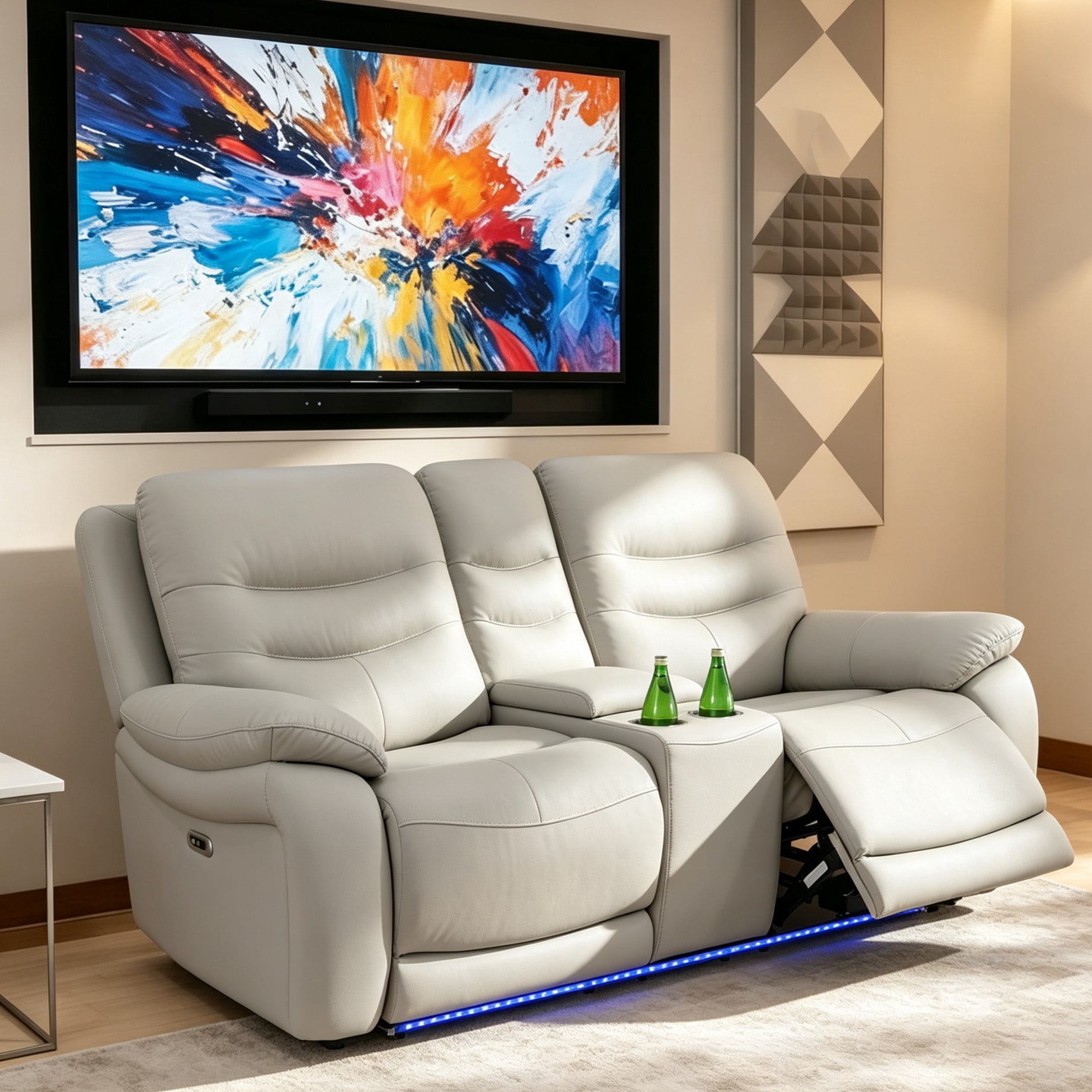 Gewnee Power Recliner Loveseat, LED Ambient Lights, Built in USB & Type‑C Ports, Adjustable Positions, Hidden Storage, Home Theater Seating with Cup Holders, Air Leather‑Light Gray