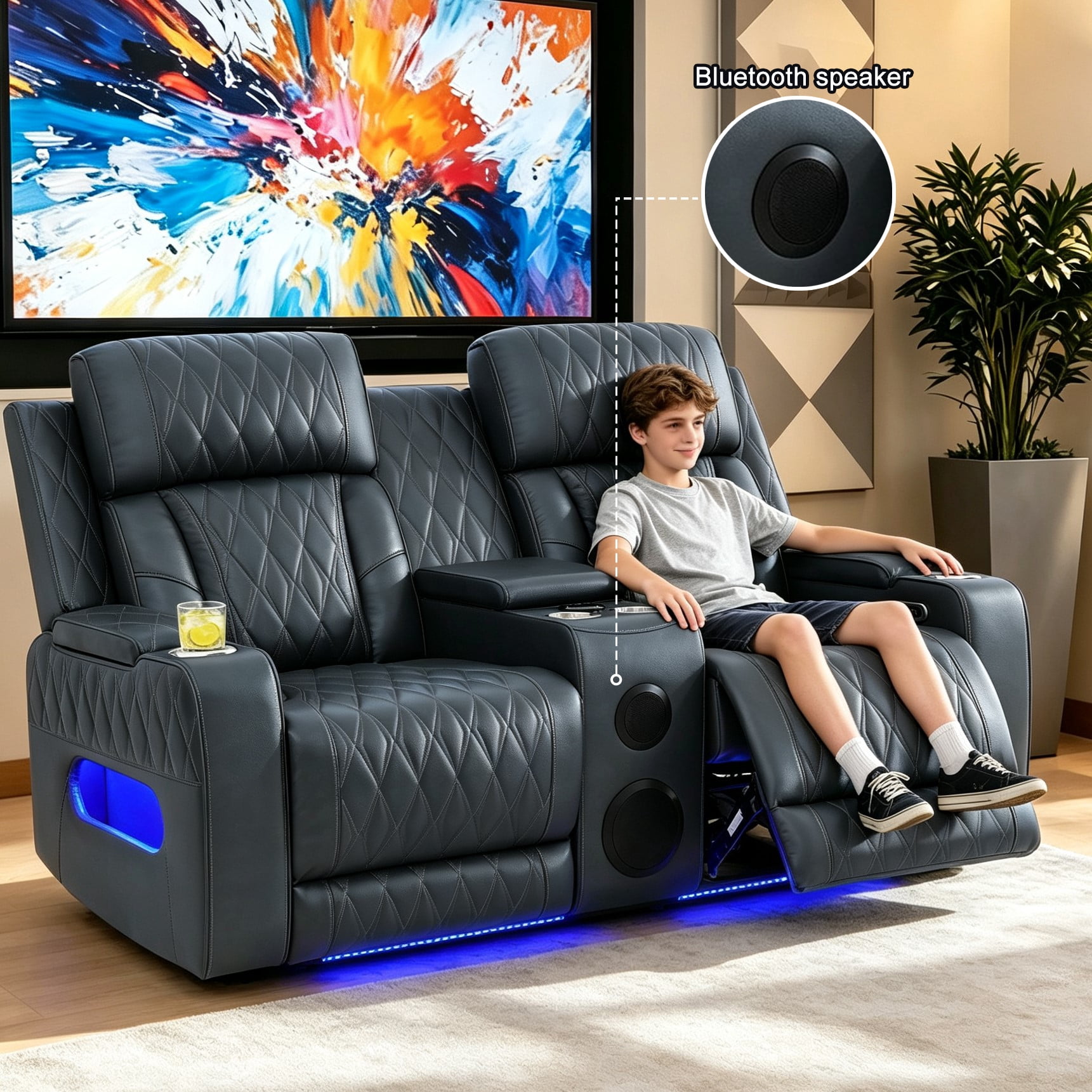 Gewnee Power Recliner with LED Ambient Lights, Built in Bluetooth Speakers, Usb & Type‑C Ports, Hidden Storage, Home Theater Seating with Cup Holders, Air Leather‑Blackish Gray