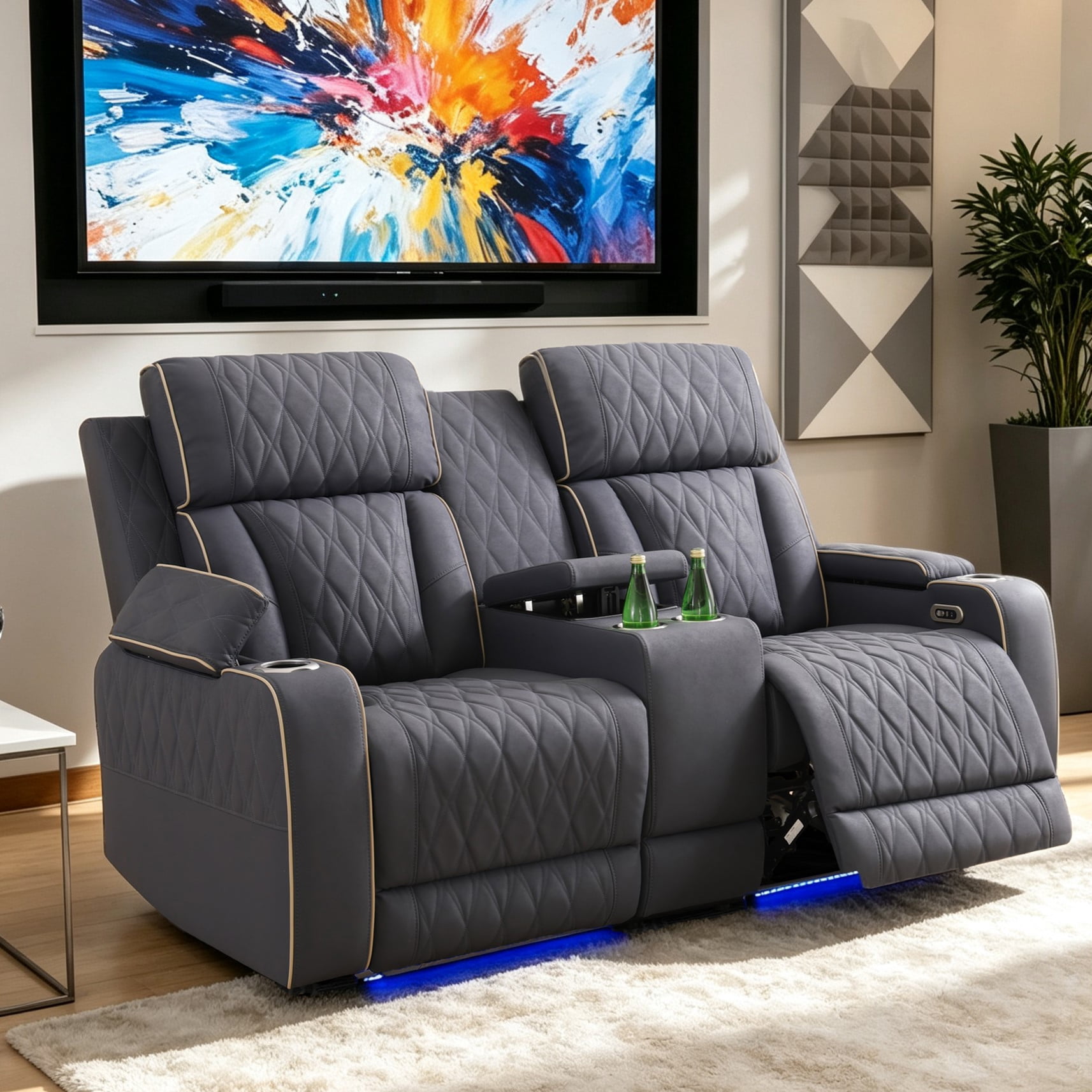 Gewnee Power Recliner Loveseat, LED Ambient Lights, Built in USB & Type‑C Ports, Hidden Storage, Home Theater Seating with Cup Holders, Matte Frosted Leather‑Blueish Grey