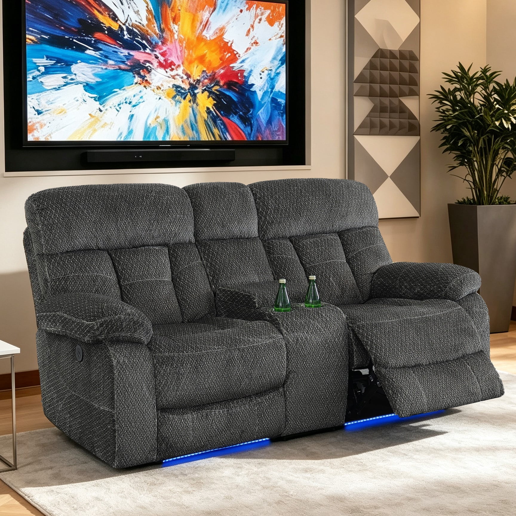 Gewnee Power Recliner Loveseat, LED Ambient Lights, Built in USB & Type‑C Ports, Hidden Storage, Home Theater Seating with Cup Holders, Flocking‑Grey