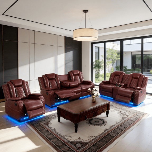 Gewnee Power Recliner Sectional Sofa Set with LED Light,Air Leather Reclining with Cup Holder, Wireless Charge, Storage Console for Living Room